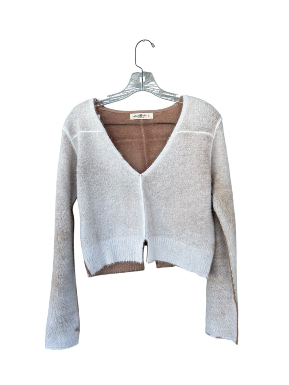 NATURAL LIFE Fuzzy V-Neck Sweater - Size Small - White & Beige - Picture 6 of 10